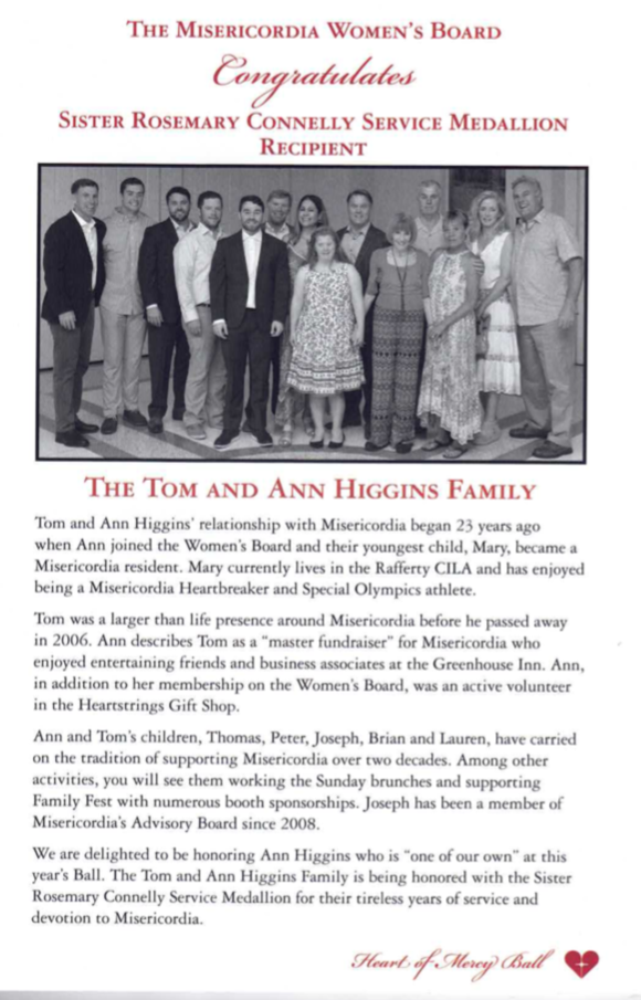 Tom & Ann Higgins Family Recipient of the Sister Rosemary Connelly Service Medallion